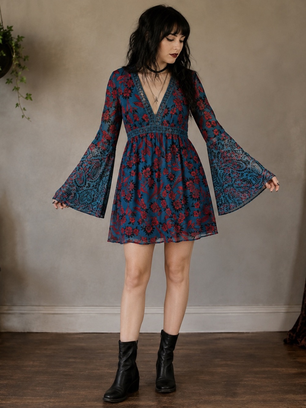 Abercrombie & Fitch Dress M Teal Red Floral Bell Sleeve Crochet Boho Y2K
